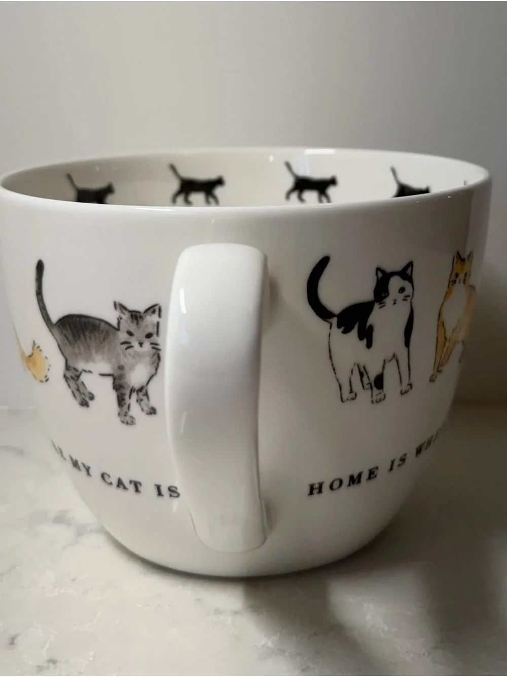 White Ceramic Cat Mug W/Multicolor Cat Illustrations “Home Is Where My Cat Is”